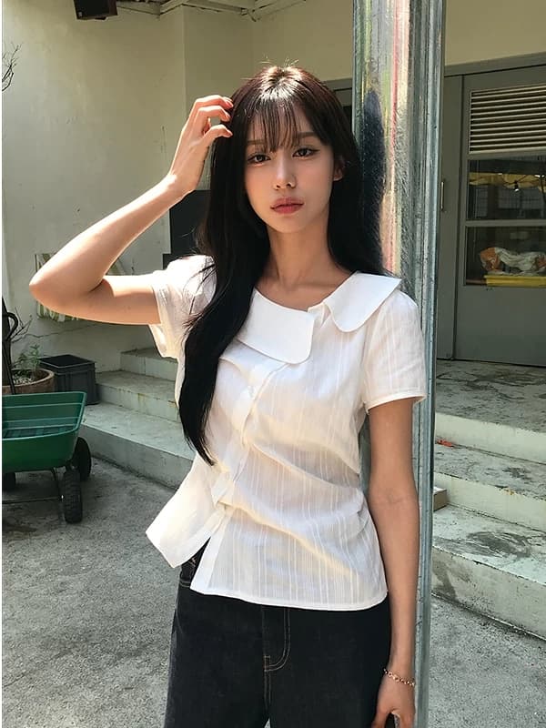크기 있음 업데이트 한국 스타일 불규칙 베이비 칼라 여성 셔츠 허리 수축 슬림해 보이는 디자인 센스 Chic 품격 맨위 상세 이미지 7