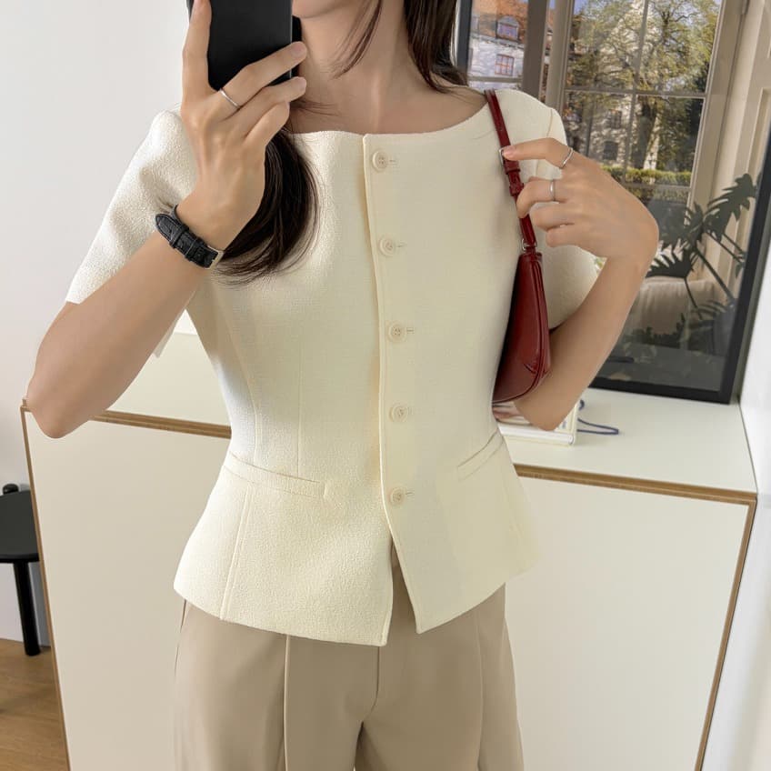 크기 있음 업데이트 한 부서 레트로 품격 작은 샤넬 스타일 디자인 네클라인 슬림해 보이는 우아함 다용도 출퇴근 재킷 이미지 2