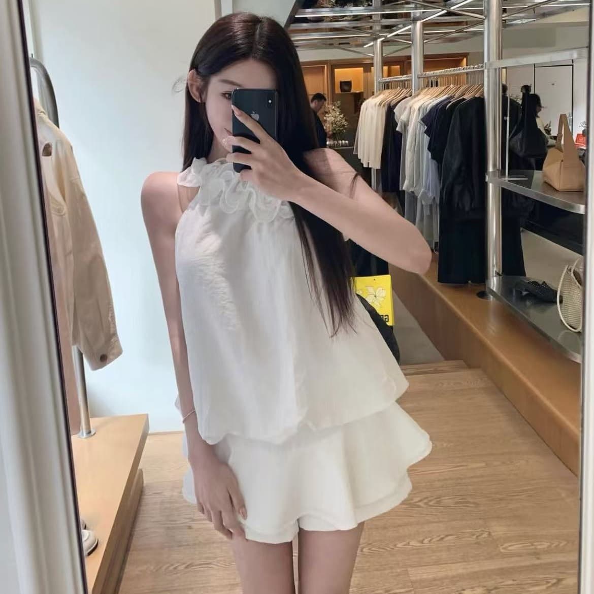 프랑스식 비스듬한 어깨 꽃 행침 목 화이트 작은 조끼 여성 여름 외출용 인사이드 가져 가라. 퍼프 꽃밭 민소매 슬립 맨위 이미지 5