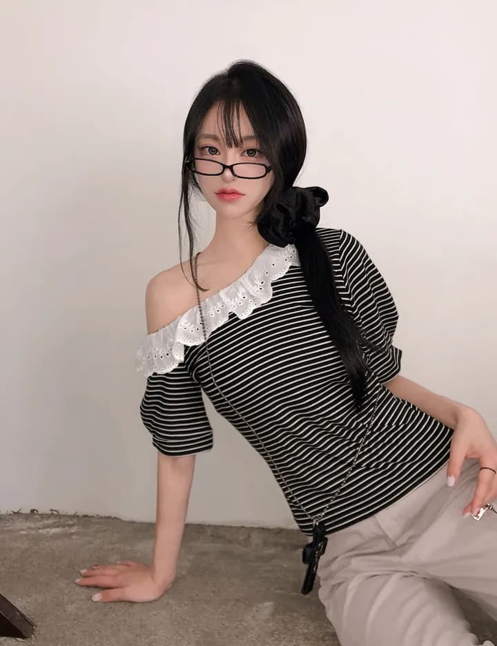 크기 있음 업데이트 한 부서 레트로 스트라이프 레이스 칼라 비스듬한 어깨 캐주얼 맨위 한 부서 품격 슬림해 보이는 반팔 티셔츠 상세 이미지 8