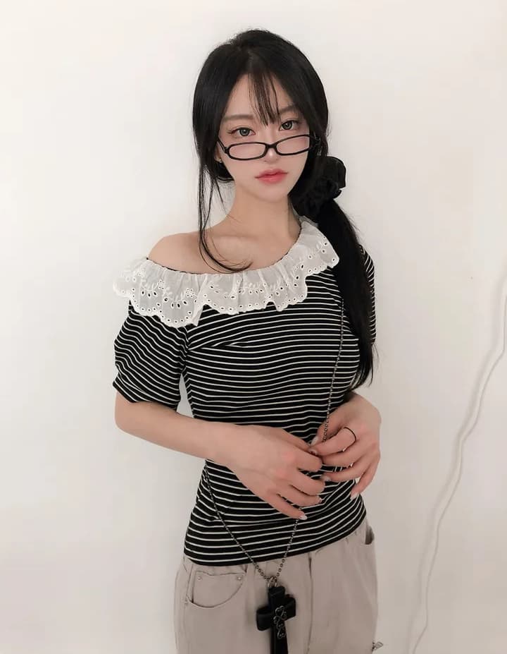 크기 있음 업데이트 한 부서 레트로 스트라이프 레이스 칼라 비스듬한 어깨 캐주얼 맨위 한 부서 품격 슬림해 보이는 반팔 티셔츠 상세 이미지 9