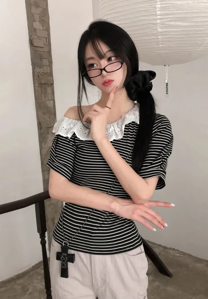 크기 있음 업데이트 한 부서 레트로 스트라이프 레이스 칼라 비스듬한 어깨 캐주얼 맨위 한 부서 품격 슬림해 보이는 반팔 티셔츠 상세 이미지 11