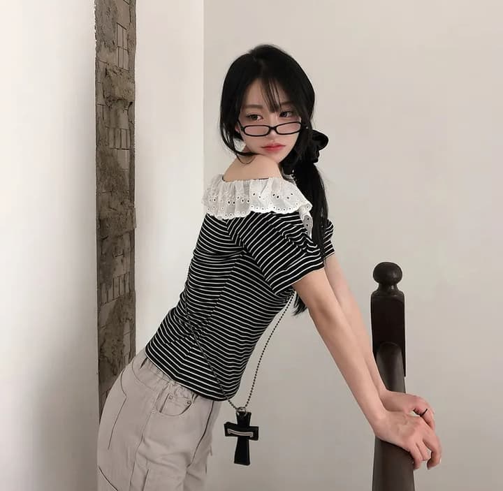 크기 있음 업데이트 한 부서 레트로 스트라이프 레이스 칼라 비스듬한 어깨 캐주얼 맨위 한 부서 품격 슬림해 보이는 반팔 티셔츠 상세 이미지 12