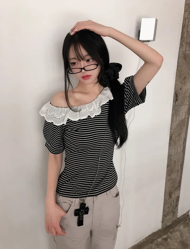 크기 있음 업데이트 한 부서 레트로 스트라이프 레이스 칼라 비스듬한 어깨 캐주얼 맨위 한 부서 품격 슬림해 보이는 반팔 티셔츠 상세 이미지 13