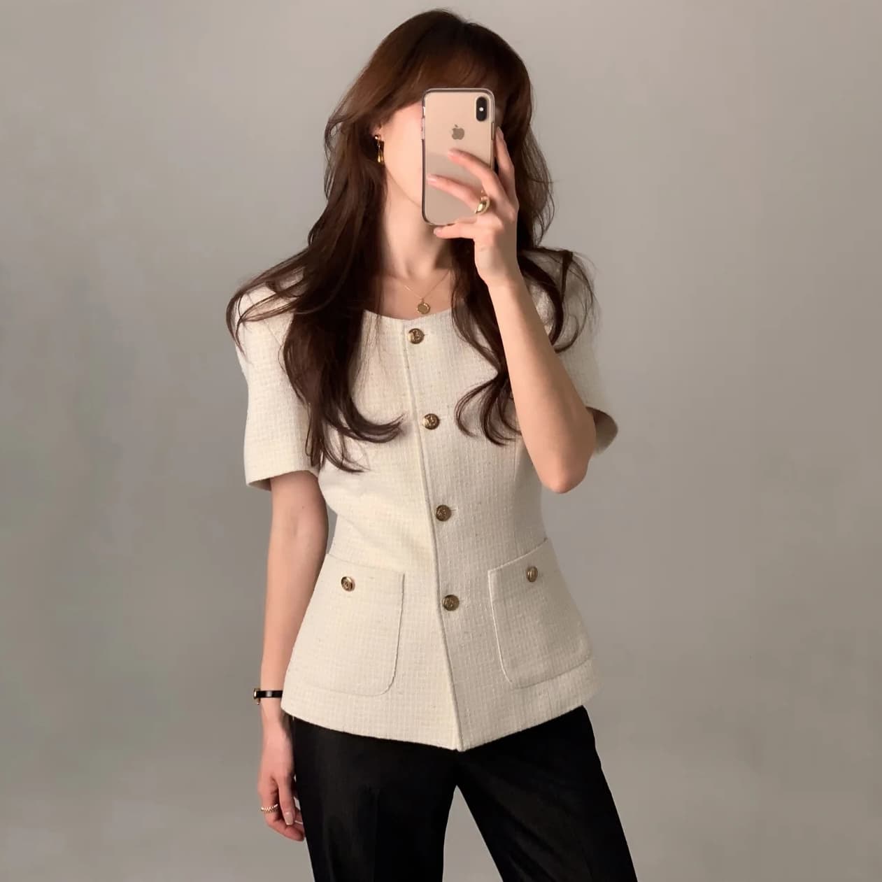 크기 있음 업데이트 한 부서 미니멀리즘 품격 우아함 다용도 싱글 줄 버튼 허리 수축 슬림해 보이는 작은 샤넬 스타일 반팔 재킷