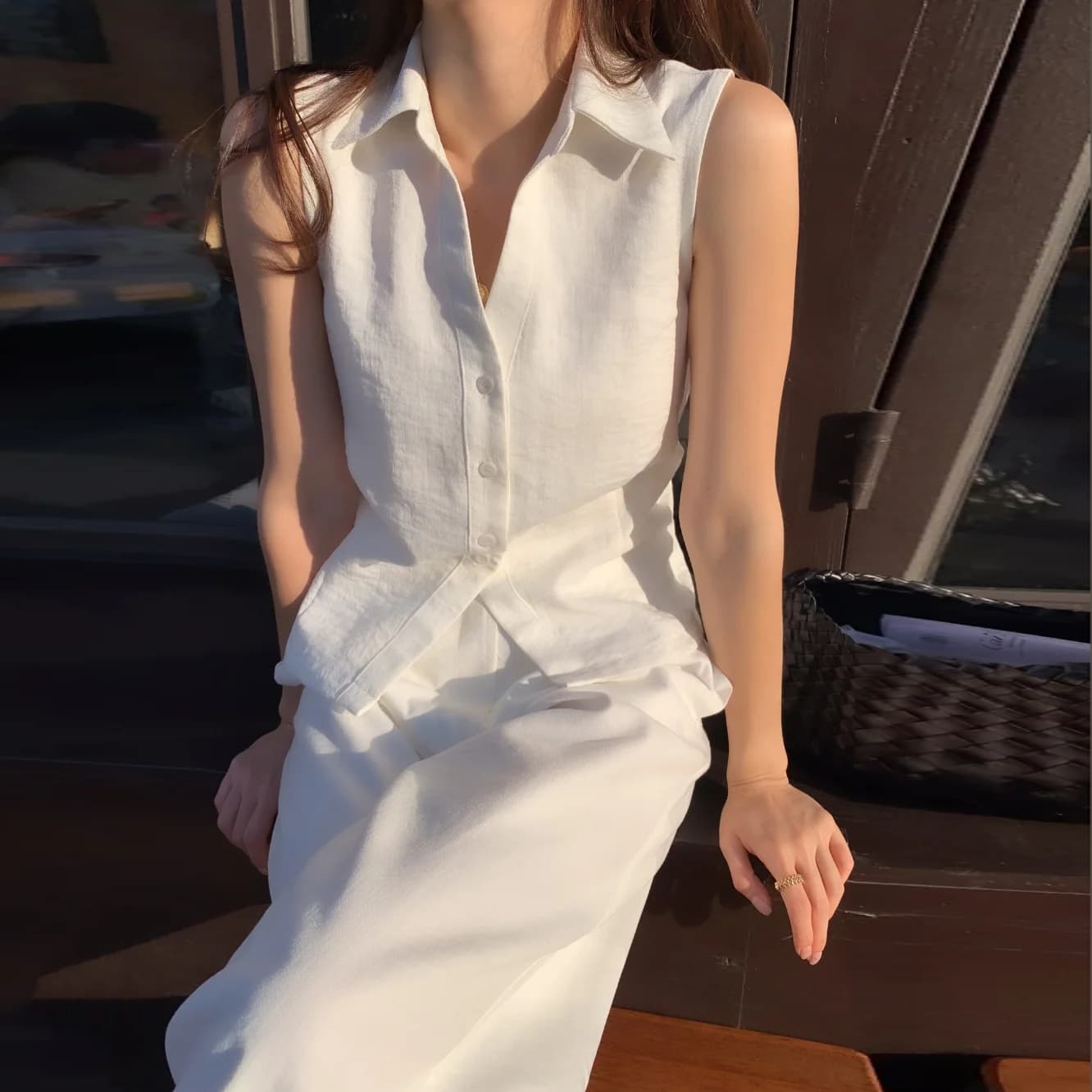 프랑스식 레트로 품격 폴로 칼라 싱글 줄 버튼 셔츠 하이웨이스트 캐주얼 다용도 출퇴근 긴 바지 캐주얼 세트