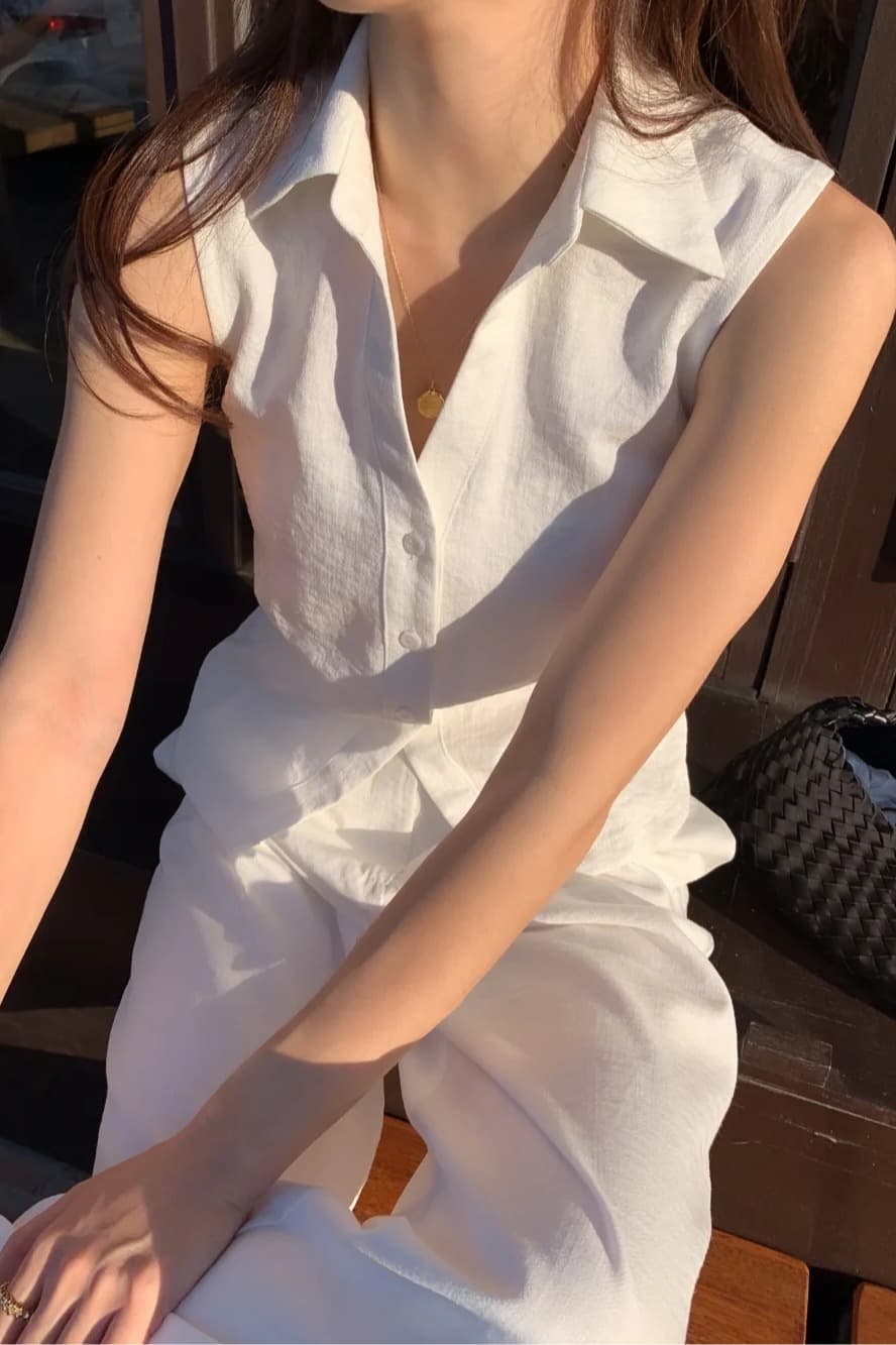프랑스식 레트로 품격 폴로 칼라 싱글 줄 버튼 셔츠 하이웨이스트 캐주얼 다용도 출퇴근 긴 바지 캐주얼 세트 이미지 6