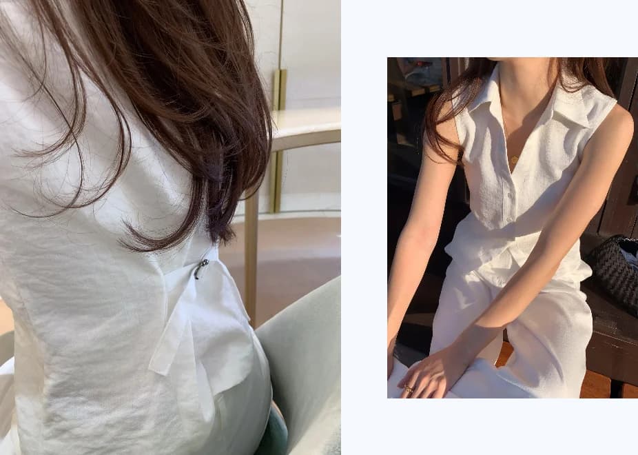 프랑스식 레트로 품격 폴로 칼라 싱글 줄 버튼 셔츠 하이웨이스트 캐주얼 다용도 출퇴근 긴 바지 캐주얼 세트 상세 이미지 3