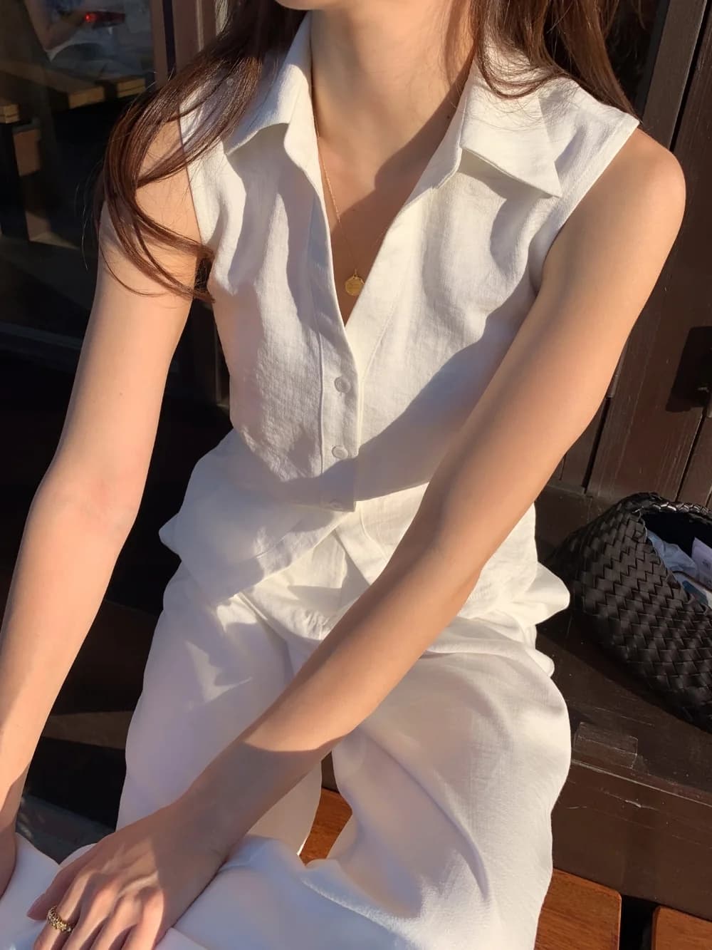프랑스식 레트로 품격 폴로 칼라 싱글 줄 버튼 셔츠 하이웨이스트 캐주얼 다용도 출퇴근 긴 바지 캐주얼 세트 상세 이미지 13
