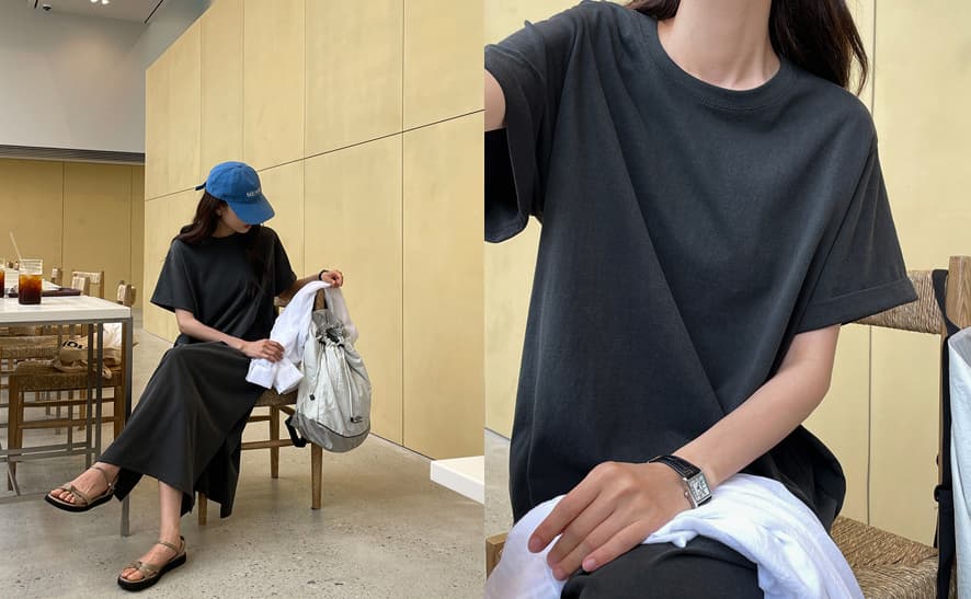 크기 있음 업데이트 한 부서 기초 다용도 여름 차가운 센스 인터넷 색상 루즈핏 바닥 청소 티셔츠 드레스 롱 스커트 상세 이미지 1