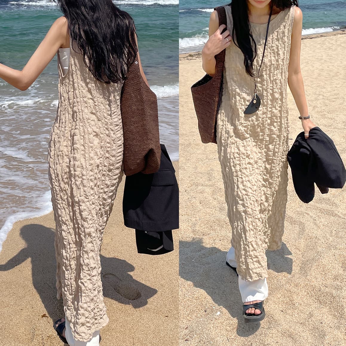 한 부서 미니멀리즘 품격 일상 다용도 민소매 구겨진 원단 드레스 이미지 3