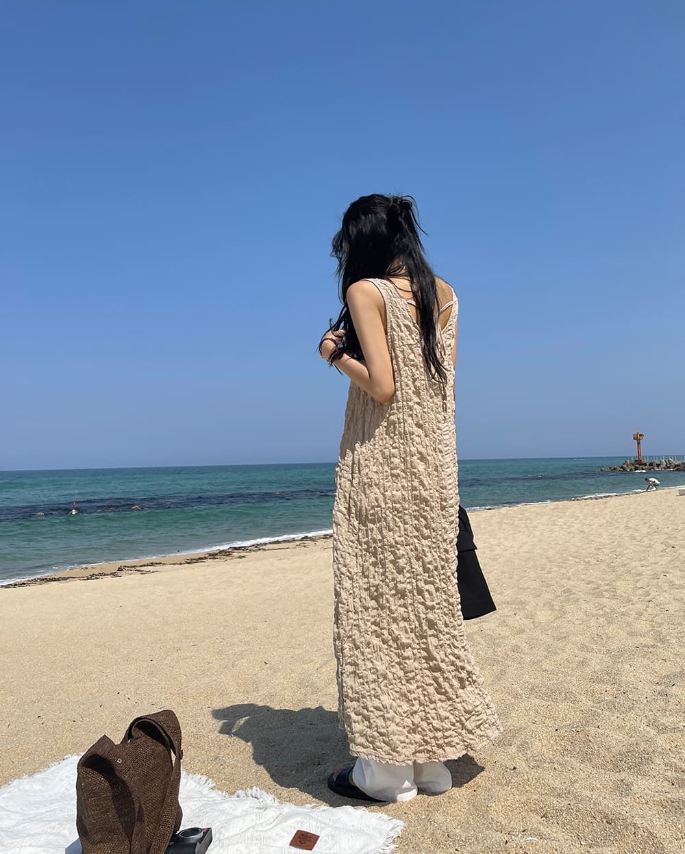 한 부서 미니멀리즘 품격 일상 다용도 민소매 구겨진 원단 드레스 상세 이미지 52