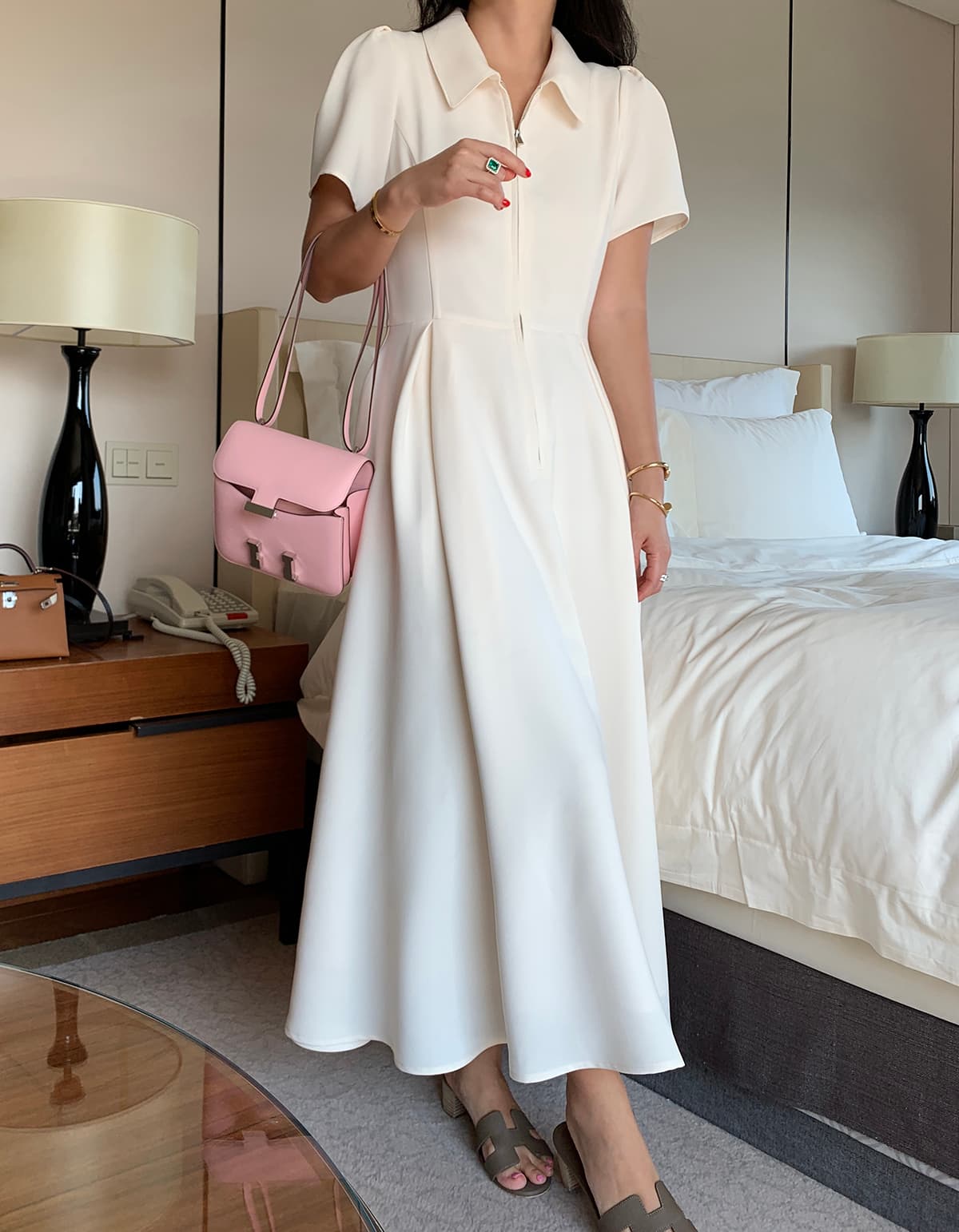 한 부서 폴로 칼라 우아함 품격 하프 지퍼 디자인 센스 허리 수축 슬림해 보이는 일상 다용도 드레스 상세 이미지 12