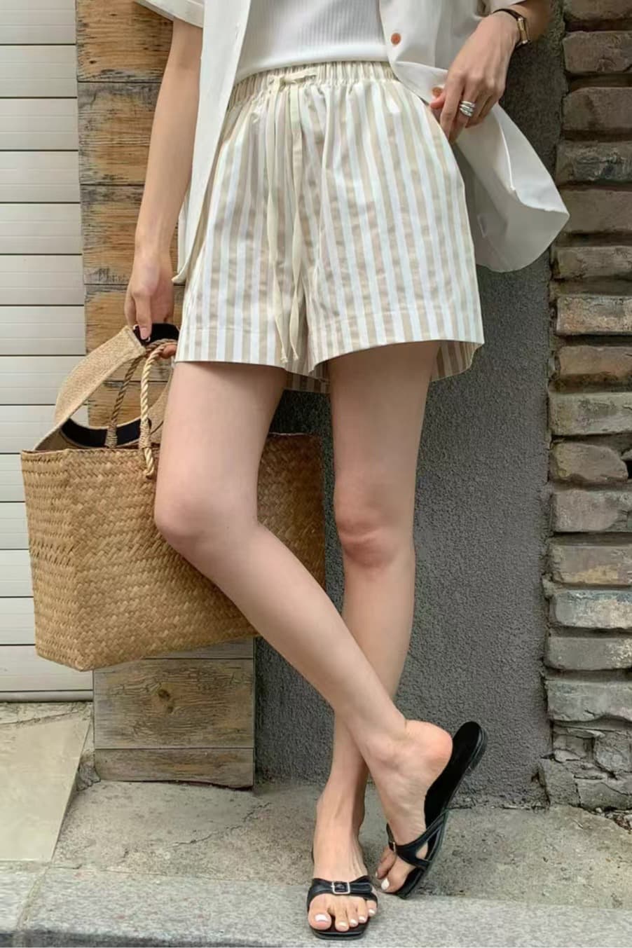 크기 있음 업데이트 한 부서 다용도 여름 신선함 센스 스트라이프 캐주얼 바지 펌프 로프 허리밴드 반바지 이미지 5