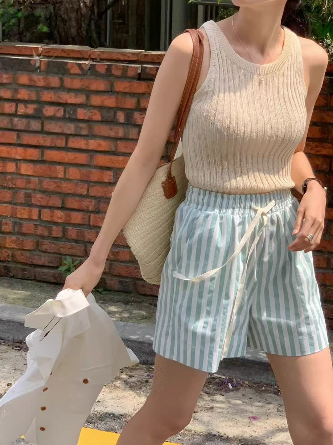 크기 있음 업데이트 한 부서 다용도 여름 신선함 센스 스트라이프 캐주얼 바지 펌프 로프 허리밴드 반바지 상세 이미지 2