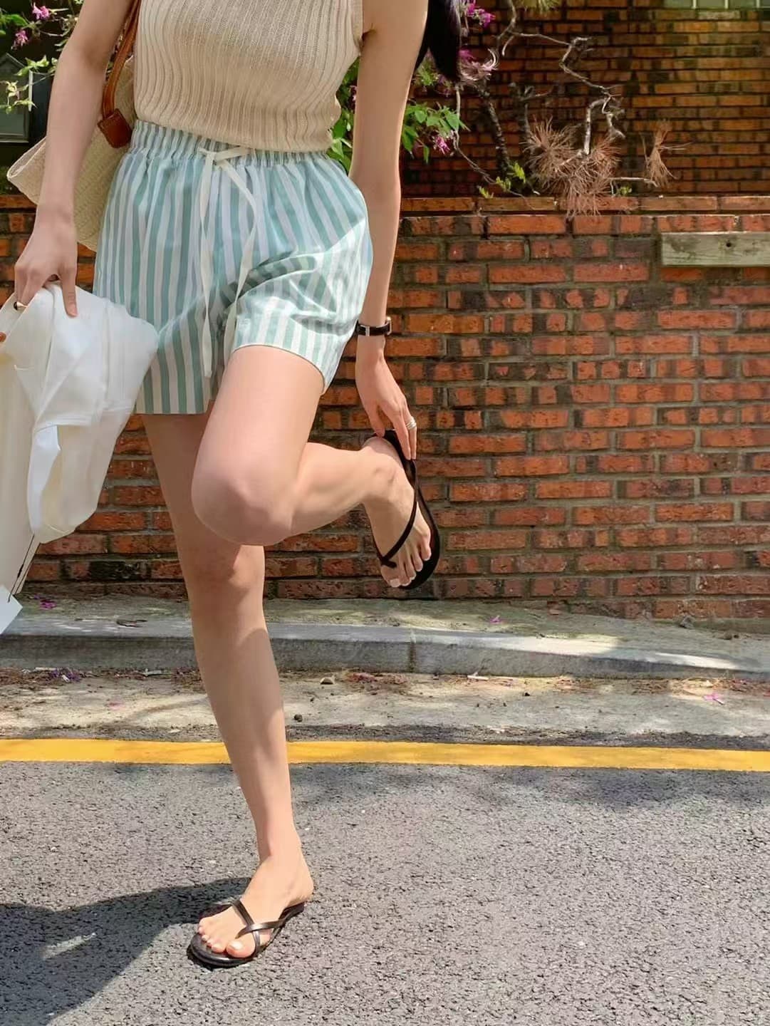 크기 있음 업데이트 한 부서 다용도 여름 신선함 센스 스트라이프 캐주얼 바지 펌프 로프 허리밴드 반바지 상세 이미지 3