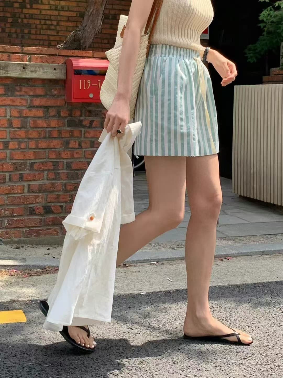 크기 있음 업데이트 한 부서 다용도 여름 신선함 센스 스트라이프 캐주얼 바지 펌프 로프 허리밴드 반바지 상세 이미지 4