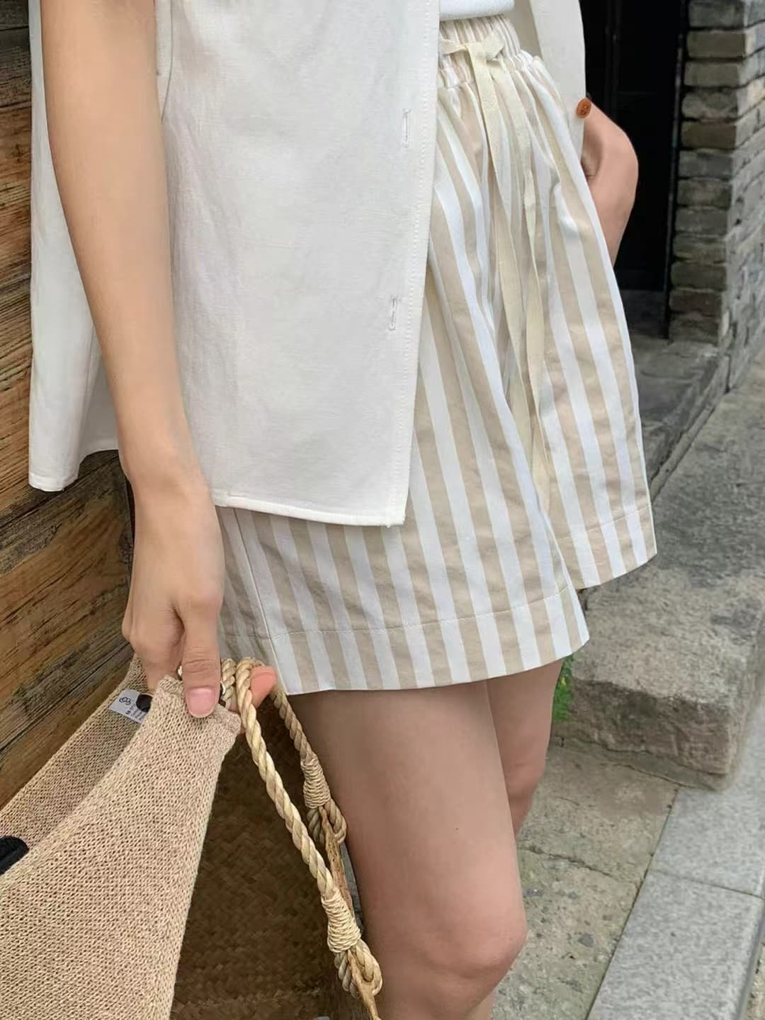 크기 있음 업데이트 한 부서 다용도 여름 신선함 센스 스트라이프 캐주얼 바지 펌프 로프 허리밴드 반바지 상세 이미지 12