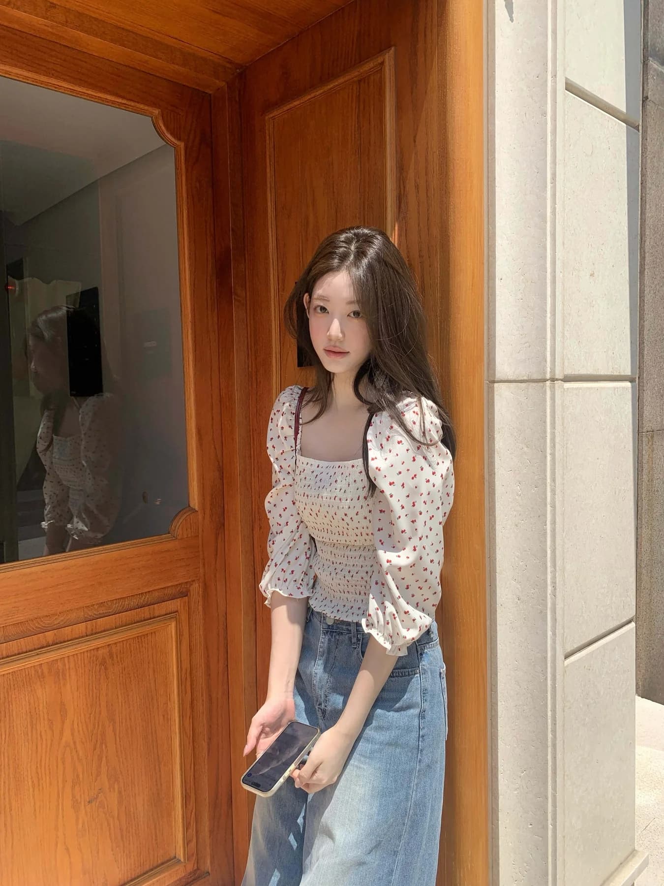 크기 있음 업데이트 프랑스식 낭만주의 광장 칼라 거품 소매 꽃무늬 셔츠 한 부서 Chic 연령 감소 7부 소매 작은 셔츠 상세 이미지 3