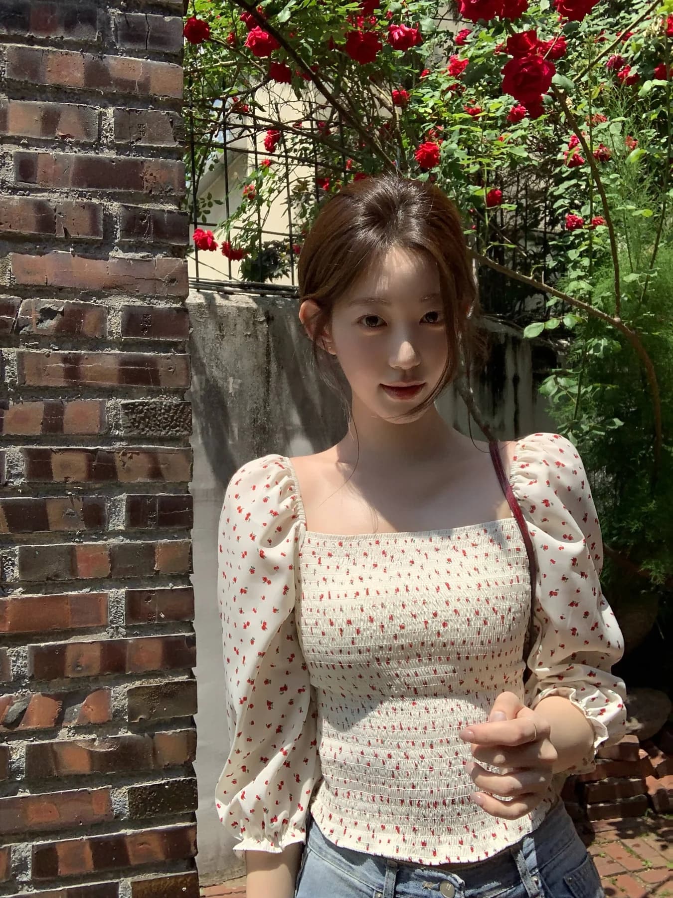 크기 있음 업데이트 프랑스식 낭만주의 광장 칼라 거품 소매 꽃무늬 셔츠 한 부서 Chic 연령 감소 7부 소매 작은 셔츠 상세 이미지 32