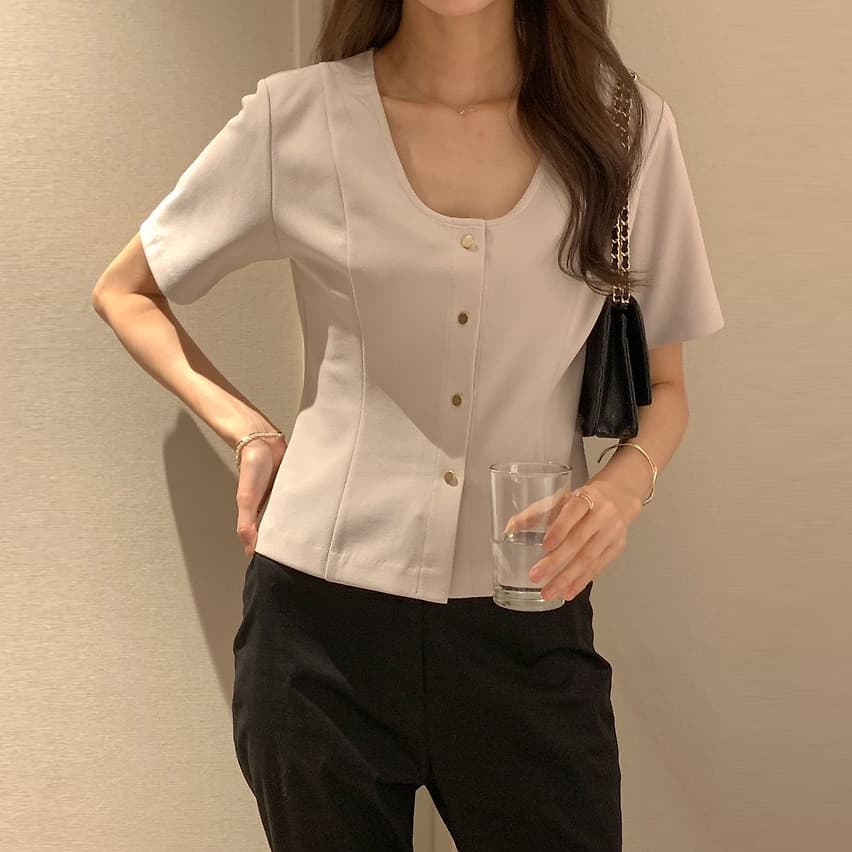 한 부서 미니멀리즘 대 u 칼라 품격 우아함 허리 수축 슬림해 보이는 작은 샤넬 스타일 반팔 맨위 이미지 2