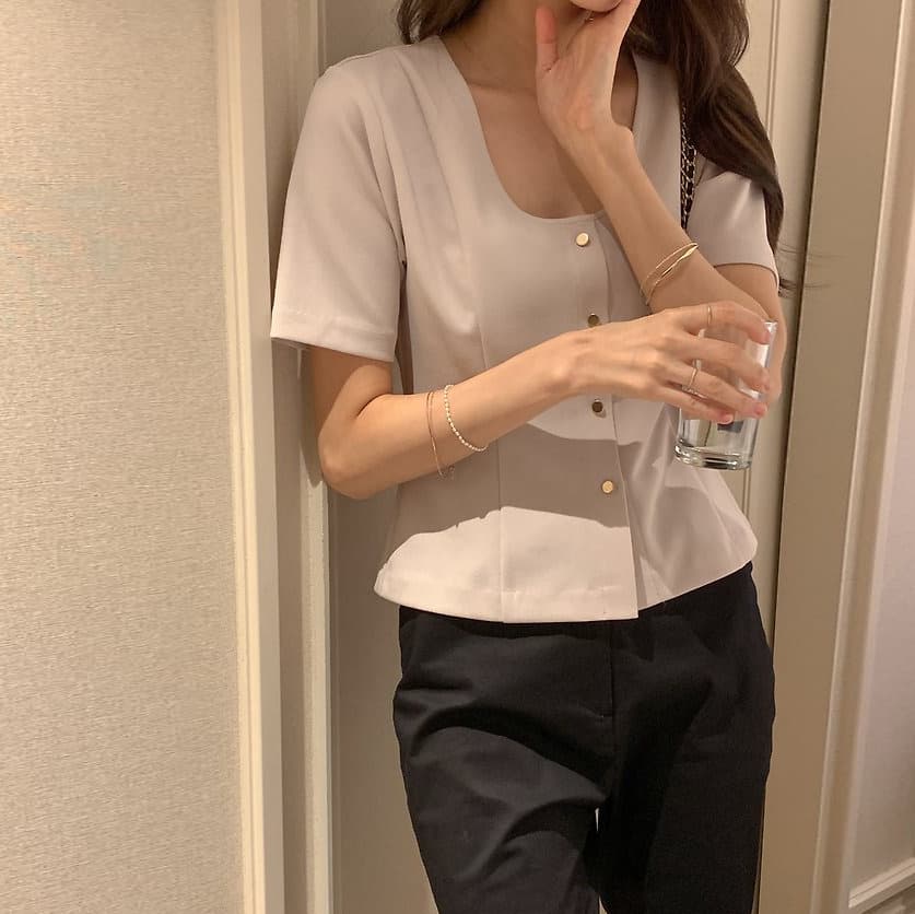 한 부서 미니멀리즘 대 u 칼라 품격 우아함 허리 수축 슬림해 보이는 작은 샤넬 스타일 반팔 맨위 이미지 4