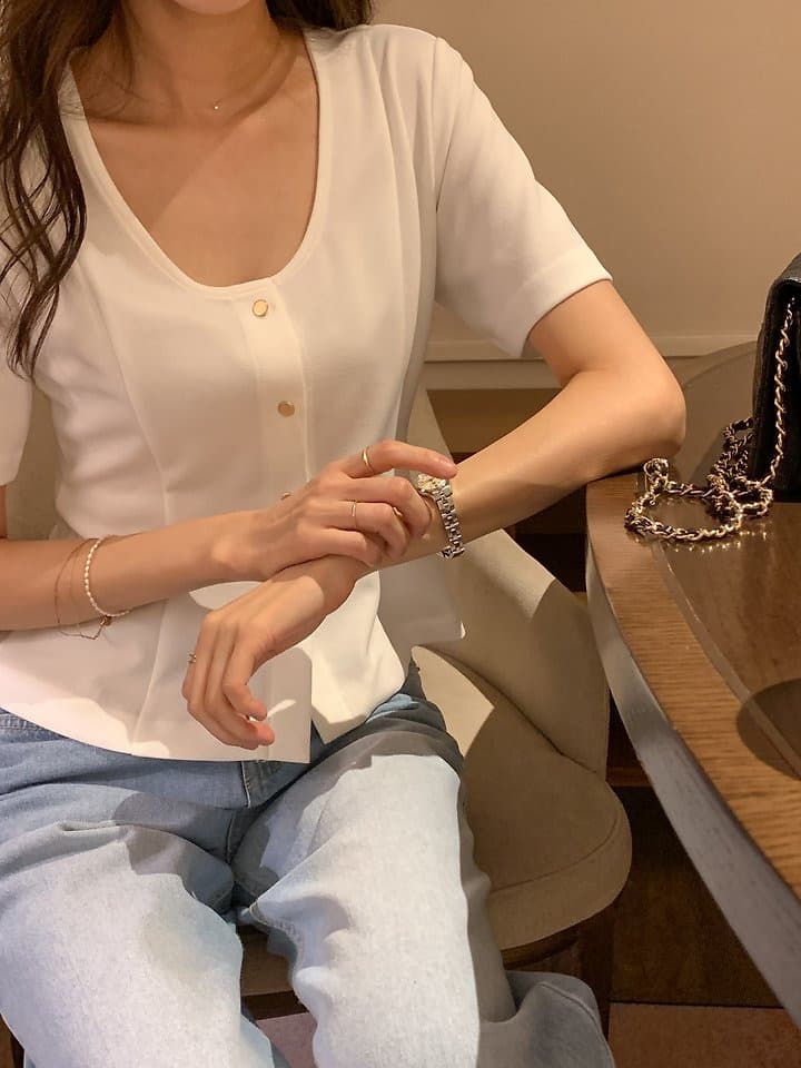 한 부서 미니멀리즘 대 u 칼라 품격 우아함 허리 수축 슬림해 보이는 작은 샤넬 스타일 반팔 맨위 상세 이미지 6