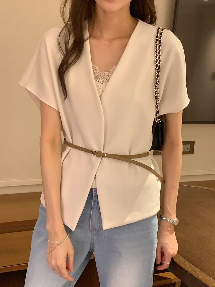 한 부서 미니멀리즘 품격 V넥 단추 한 알 루즈핏 커프스 반팔 여름 얇은 스타일 짧은 외투 가치가 없다. 벨트 상세 이미지 19