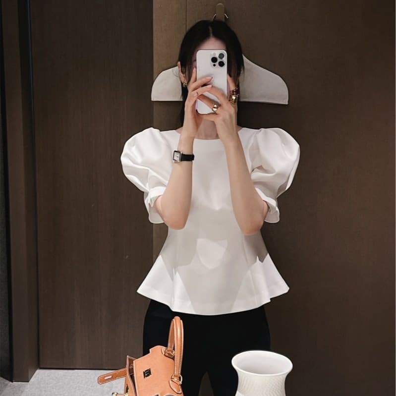 한 부서 원 웨이 우아함 품격 거품 소매 허리 수축 슬림해 보이는 출퇴근 다용도 셔츠