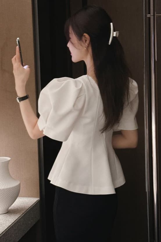 한 부서 원 웨이 우아함 품격 거품 소매 허리 수축 슬림해 보이는 출퇴근 다용도 셔츠 이미지 6