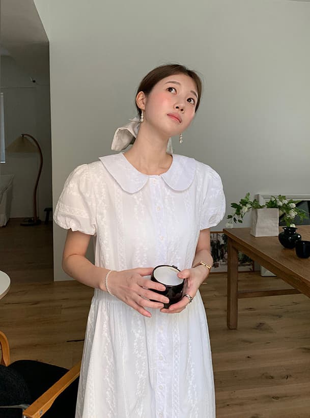 2025 년 여름 새로운 베이비 칼라 자수 거품 소매 허리 수축 부서 버클 드레스 상세 이미지 14