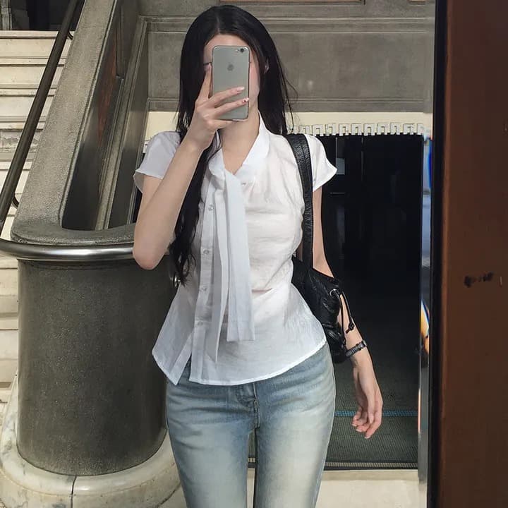 크기 있음 업데이트 ins 보 주님 섹션 프랑스식 레트로 품격 다용도 반팔 맨위 쇼트 스타일 작은 셔츠 이미지 3
