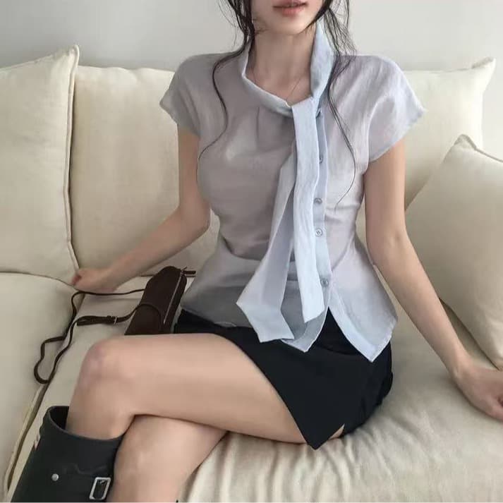 크기 있음 업데이트 ins 보 주님 섹션 프랑스식 레트로 품격 다용도 반팔 맨위 쇼트 스타일 작은 셔츠 이미지 4