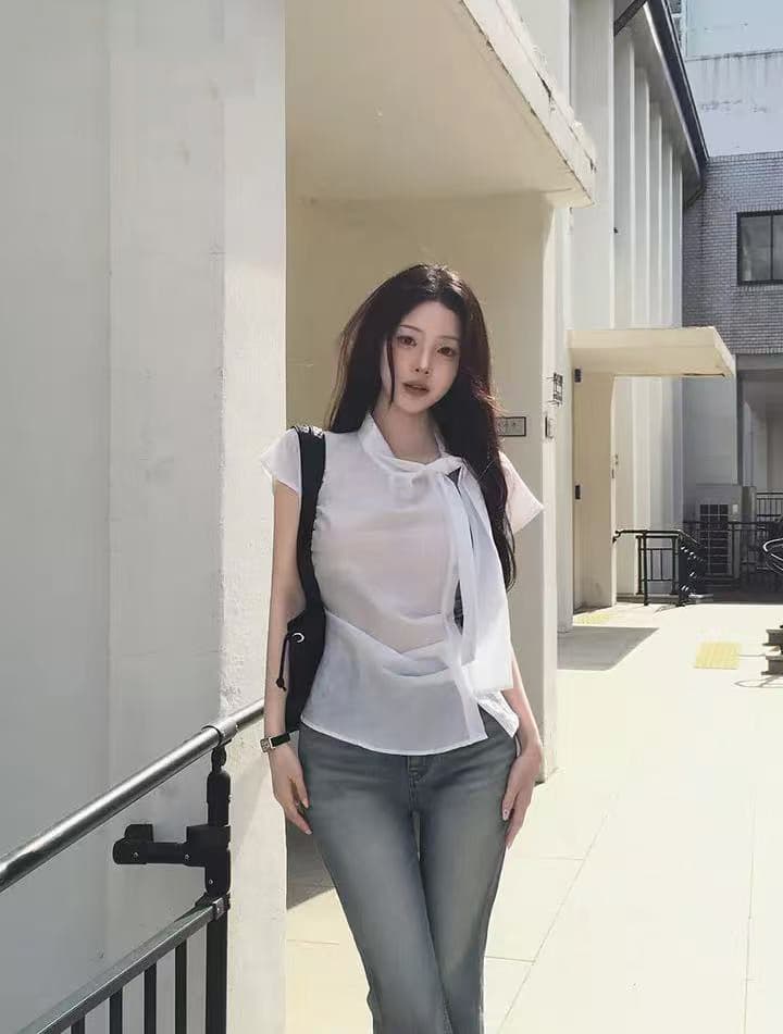 크기 있음 업데이트 ins 보 주님 섹션 프랑스식 레트로 품격 다용도 반팔 맨위 쇼트 스타일 작은 셔츠 상세 이미지 2