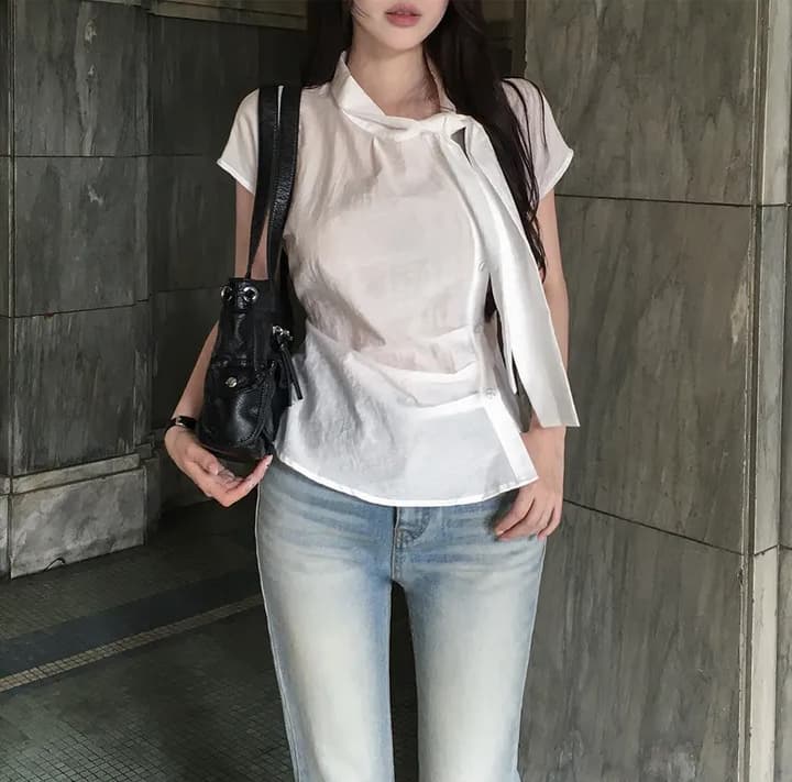 크기 있음 업데이트 ins 보 주님 섹션 프랑스식 레트로 품격 다용도 반팔 맨위 쇼트 스타일 작은 셔츠 상세 이미지 5