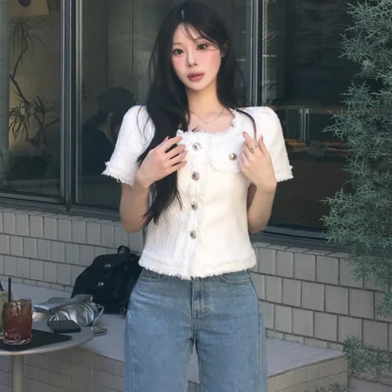 크기 있음 업데이트 작은 샤넬 스타일 광장 칼라 줄무늬 레이스 반팔 여성 코트 여름 새로운 프랑스식 트위드