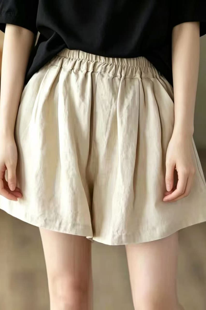 여름 문예 레트로 레트로 허리밴드 단색 다용도 민족 스타일 넓은 다리 캐주얼 바지 반바지 여성 이미지 6