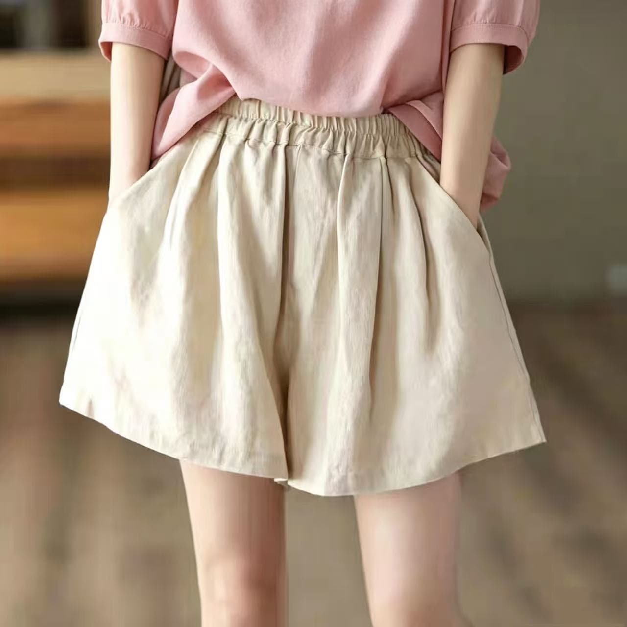 여름 문예 레트로 레트로 허리밴드 단색 다용도 민족 스타일 넓은 다리 캐주얼 바지 반바지 여성 상세 이미지 2