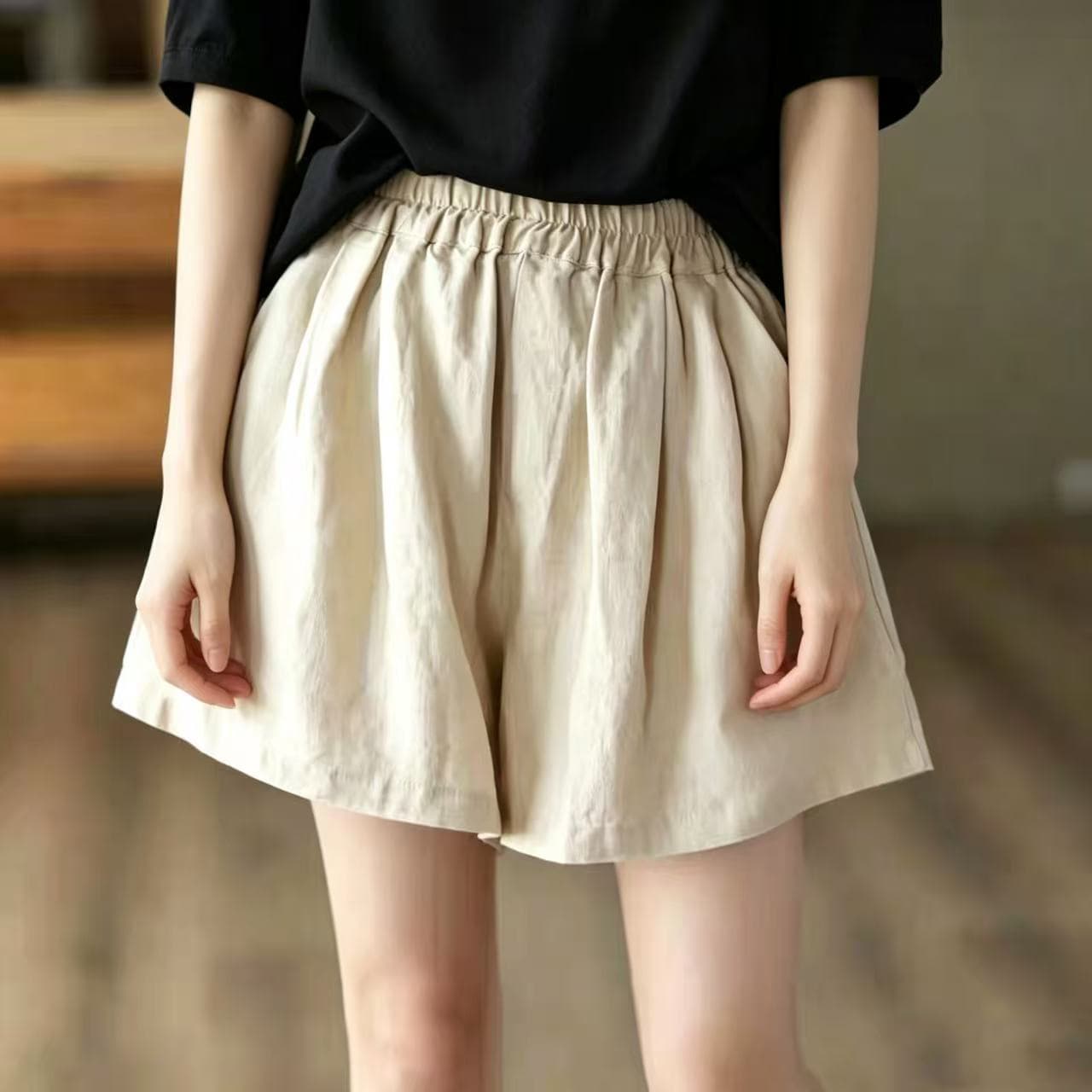 여름 문예 레트로 레트로 허리밴드 단색 다용도 민족 스타일 넓은 다리 캐주얼 바지 반바지 여성 상세 이미지 4