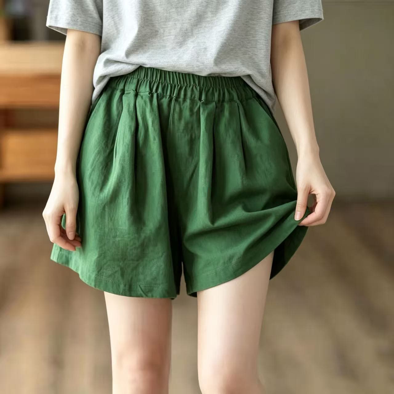 여름 문예 레트로 레트로 허리밴드 단색 다용도 민족 스타일 넓은 다리 캐주얼 바지 반바지 여성 상세 이미지 10