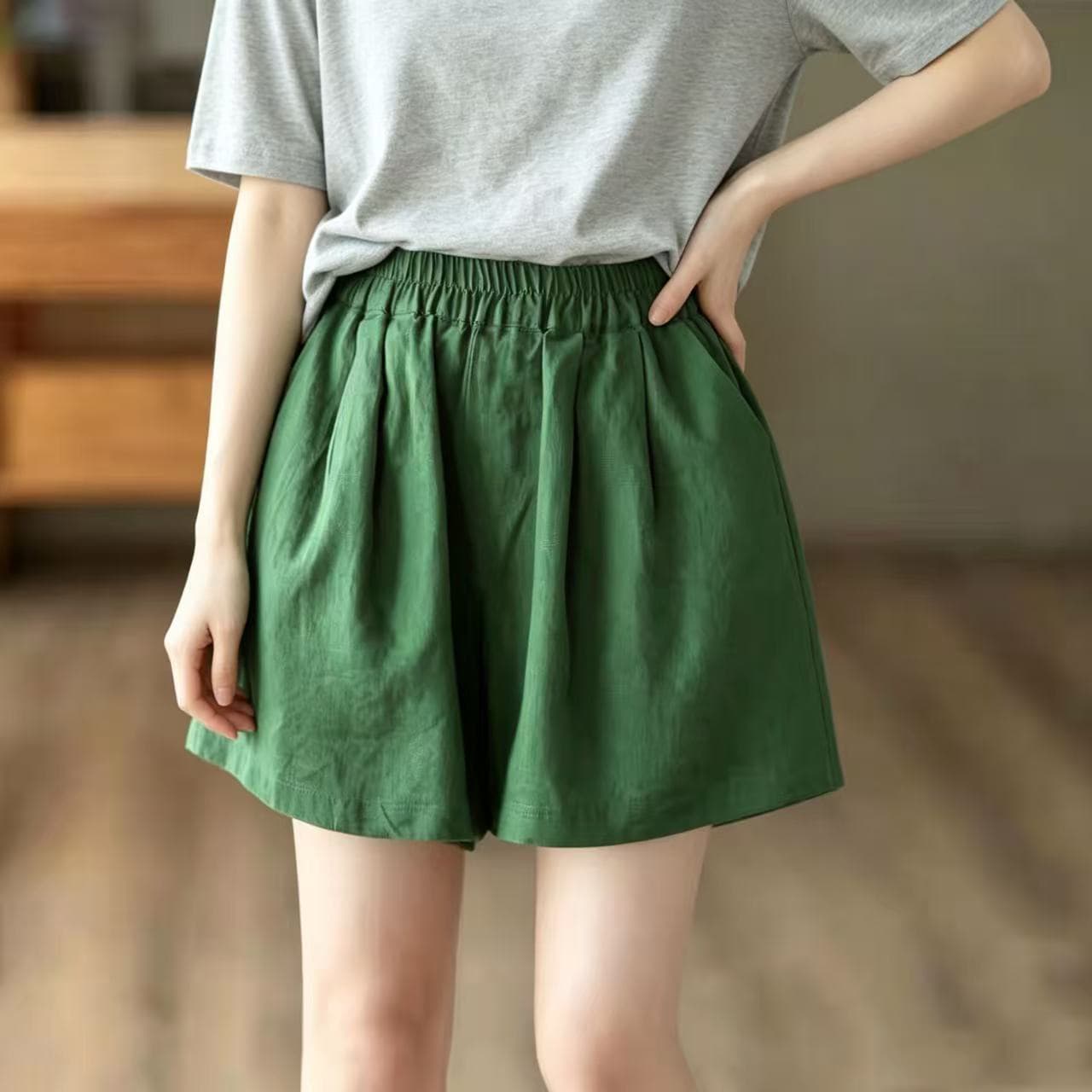 여름 문예 레트로 레트로 허리밴드 단색 다용도 민족 스타일 넓은 다리 캐주얼 바지 반바지 여성 상세 이미지 11