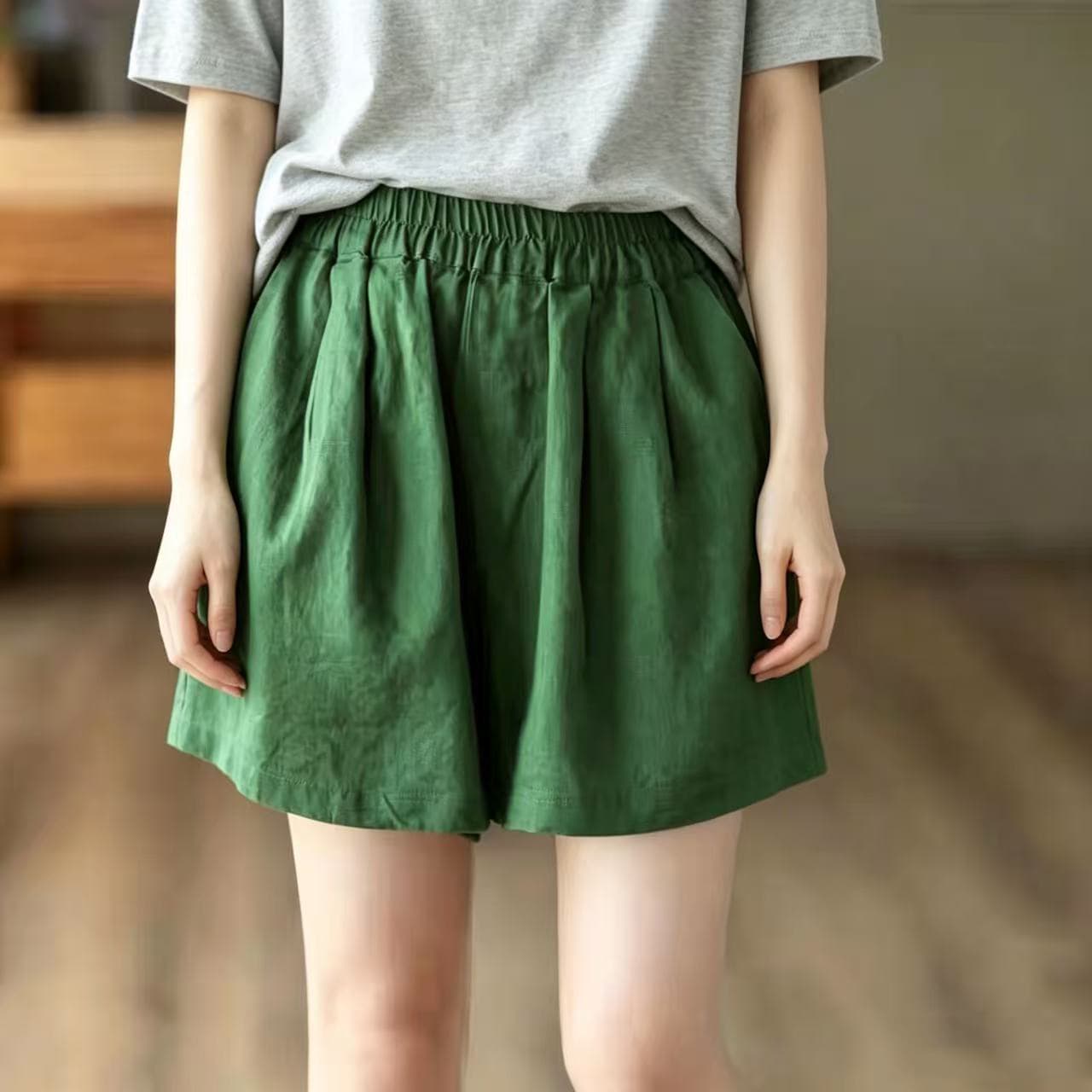여름 문예 레트로 레트로 허리밴드 단색 다용도 민족 스타일 넓은 다리 캐주얼 바지 반바지 여성 상세 이미지 12