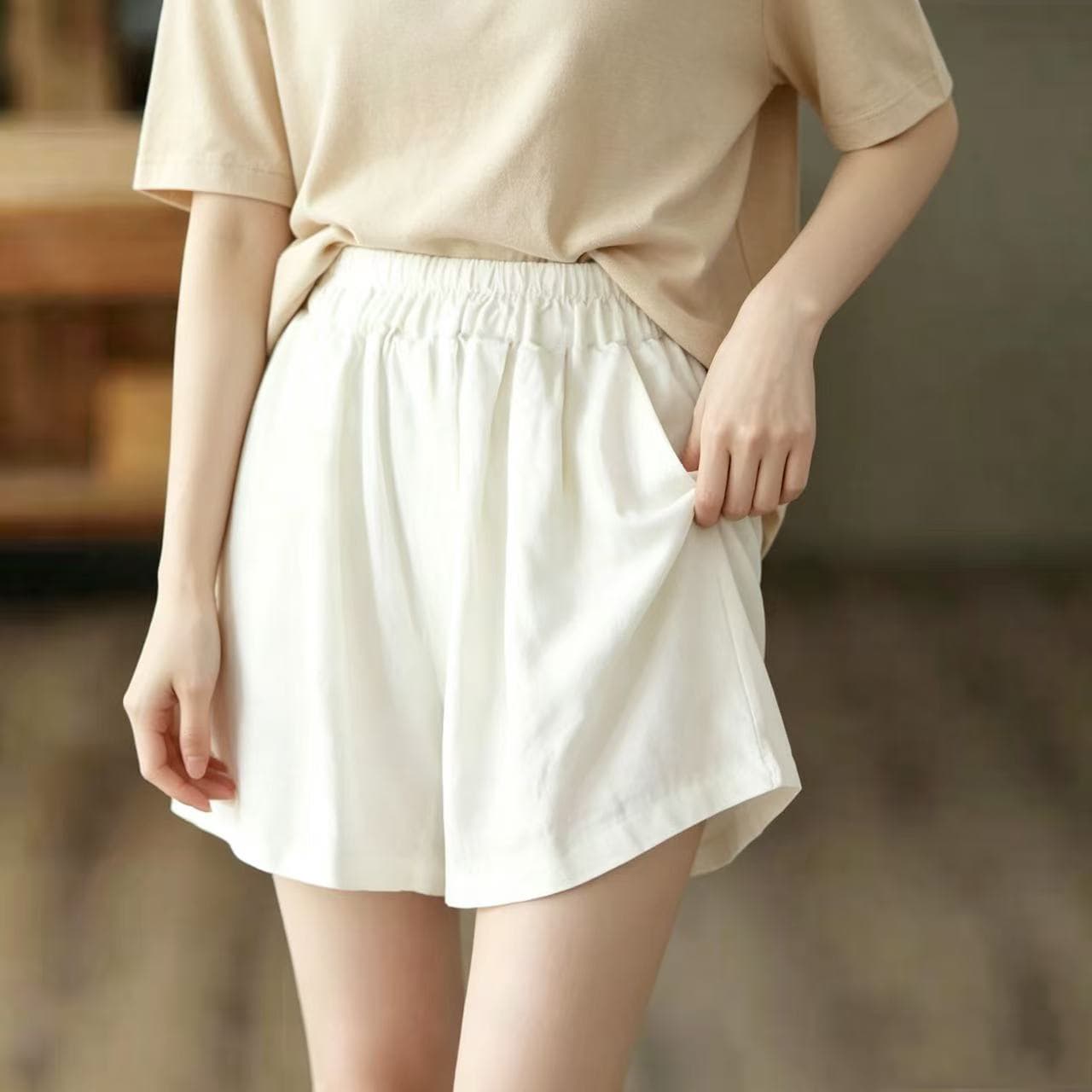 여름 문예 레트로 레트로 허리밴드 단색 다용도 민족 스타일 넓은 다리 캐주얼 바지 반바지 여성 상세 이미지 17