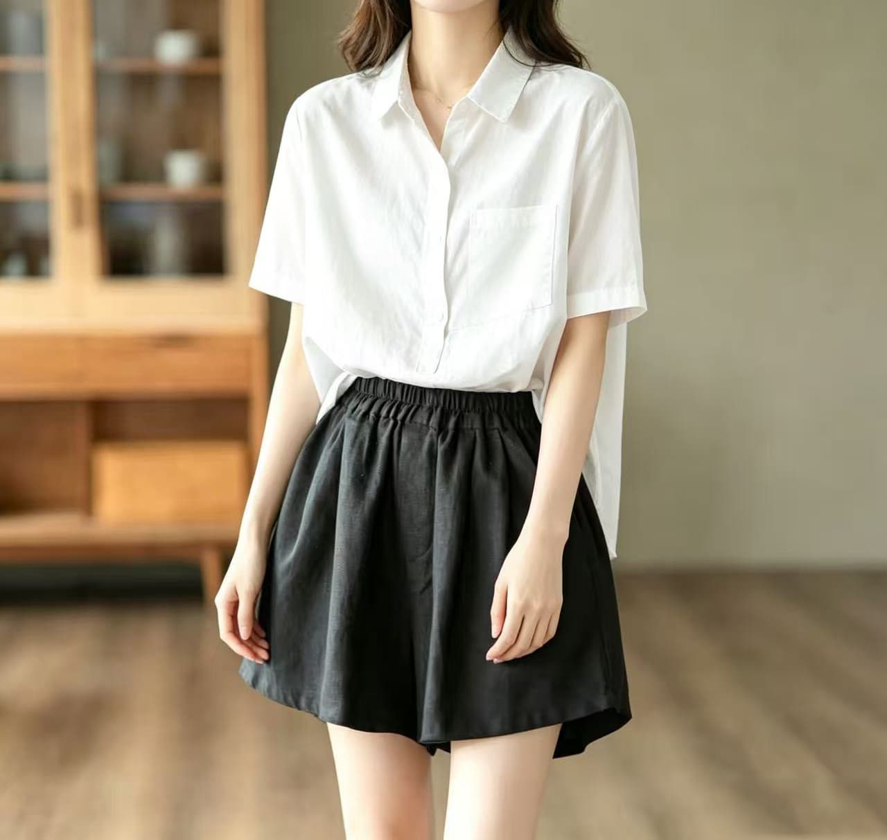 여름 문예 레트로 레트로 허리밴드 단색 다용도 민족 스타일 넓은 다리 캐주얼 바지 반바지 여성 상세 이미지 18