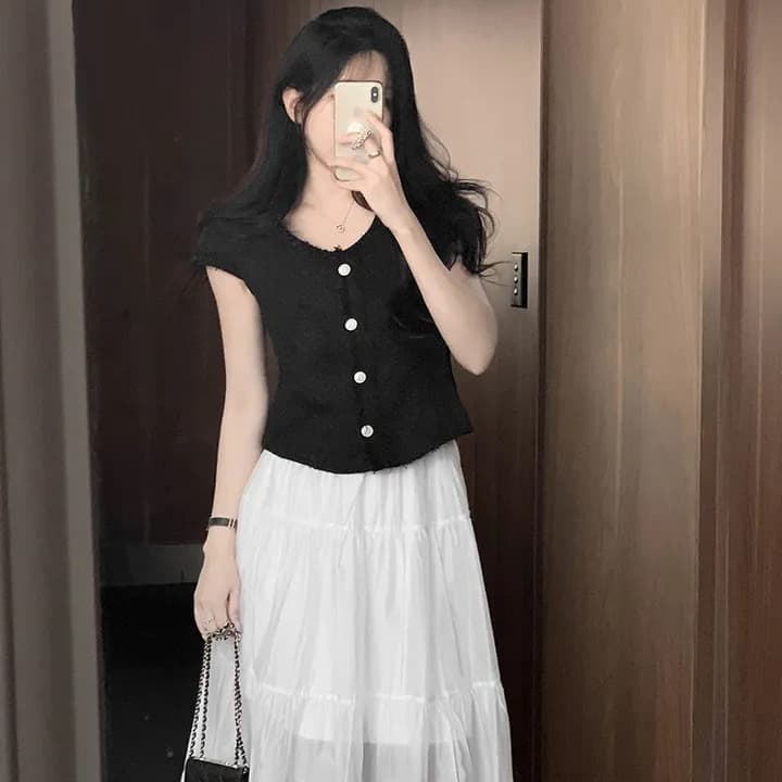 크기 있음 업데이트 한 부서 부드러운 레트로 품격 작은 샤넬 스타일 반팔 허리 수축 슬림해 보이는 쇼트 스타일 트위드 재킷 여름 이미지 4