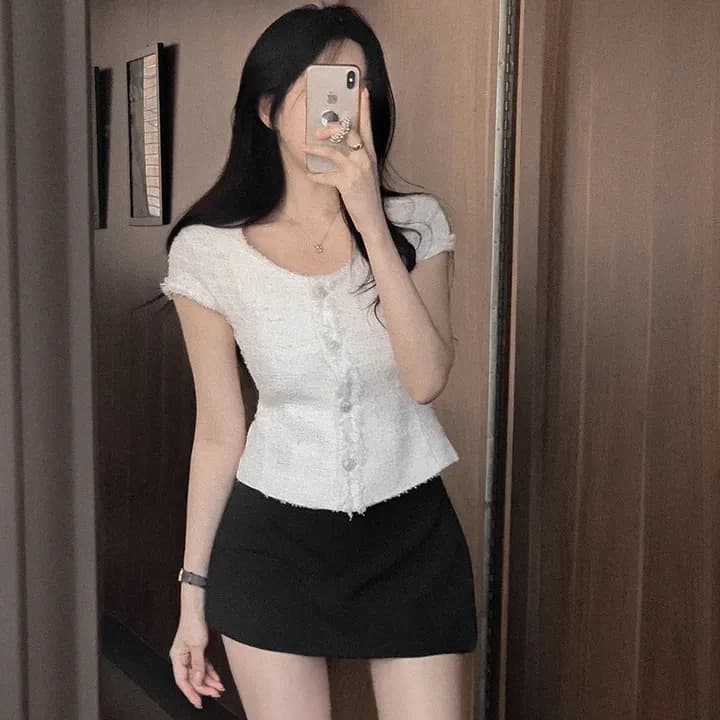 크기 있음 업데이트 한 부서 부드러운 레트로 품격 작은 샤넬 스타일 반팔 허리 수축 슬림해 보이는 쇼트 스타일 트위드 재킷 여름