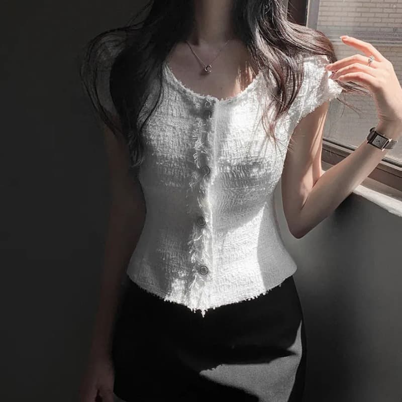 크기 있음 업데이트 한 부서 부드러운 레트로 품격 작은 샤넬 스타일 반팔 허리 수축 슬림해 보이는 쇼트 스타일 트위드 재킷 여름 이미지 5