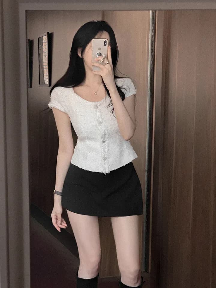 크기 있음 업데이트 한 부서 부드러운 레트로 품격 작은 샤넬 스타일 반팔 허리 수축 슬림해 보이는 쇼트 스타일 트위드 재킷 여름 상세 이미지 10