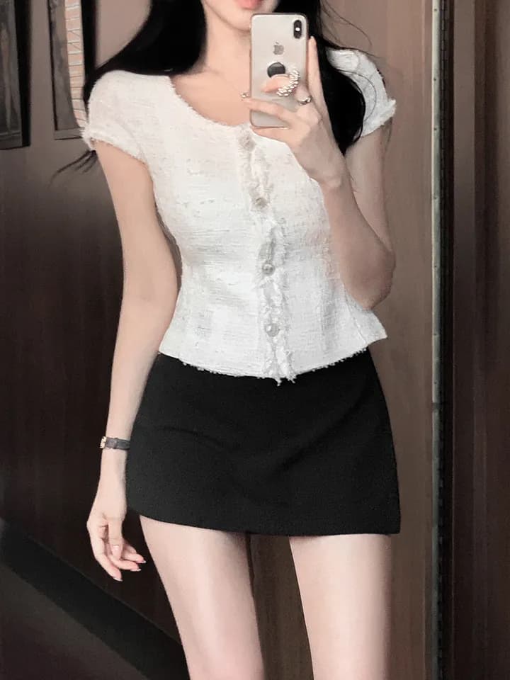 크기 있음 업데이트 한 부서 부드러운 레트로 품격 작은 샤넬 스타일 반팔 허리 수축 슬림해 보이는 쇼트 스타일 트위드 재킷 여름 상세 이미지 11