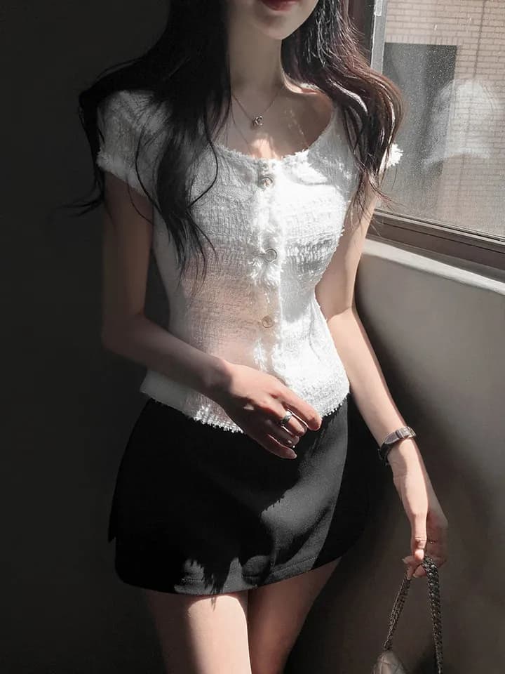 크기 있음 업데이트 한 부서 부드러운 레트로 품격 작은 샤넬 스타일 반팔 허리 수축 슬림해 보이는 쇼트 스타일 트위드 재킷 여름 상세 이미지 15